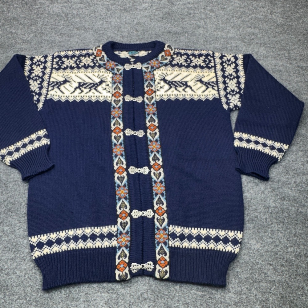 Vintage Dale of Norway Cardigan Sweater Mens 54 XL Blue Wool Pewter Clasp Nordic